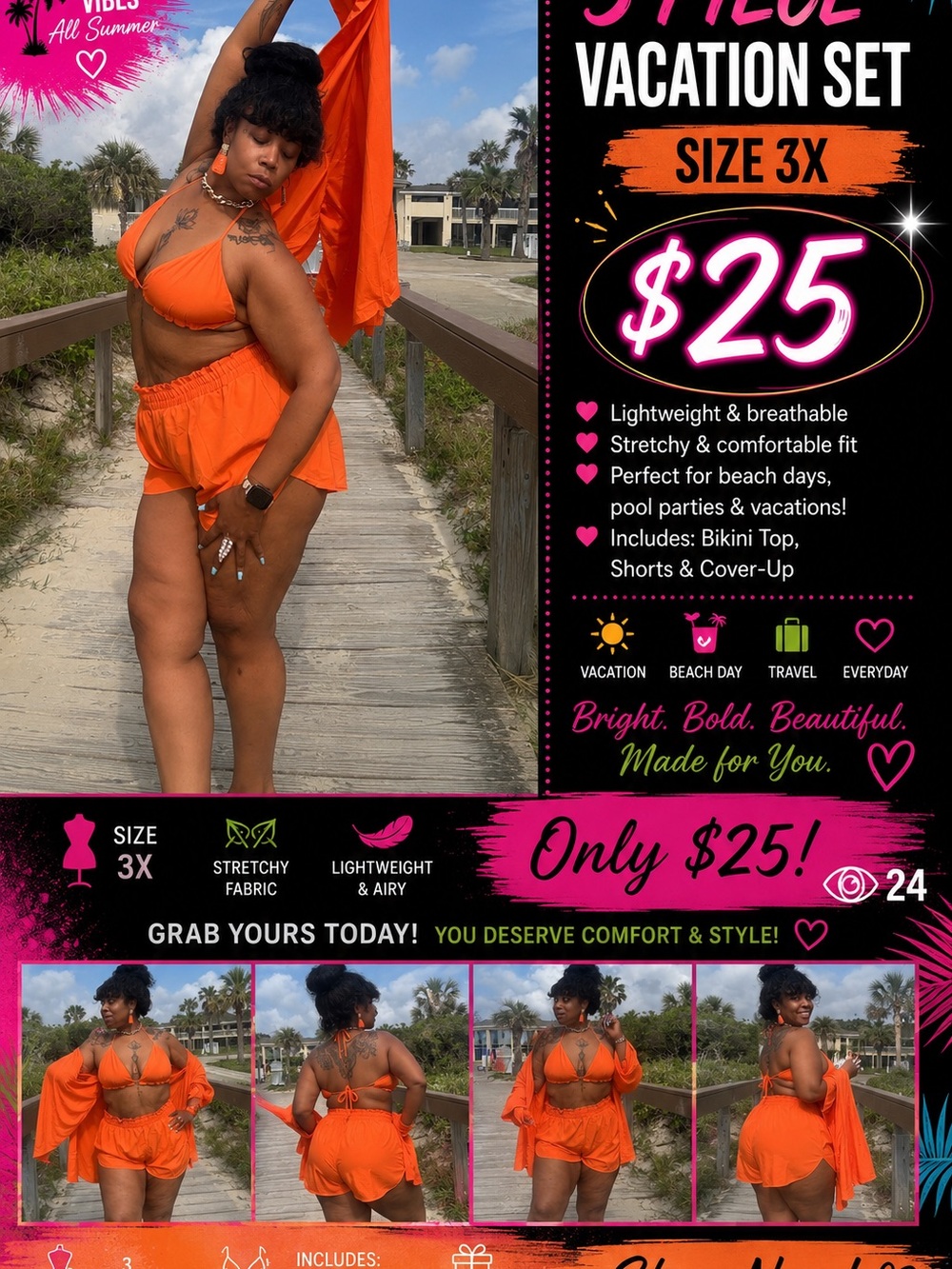 SHEIN Orange 3-Piece Vacation Bikini Set - Top, Shorts & Cover-Up (3X)